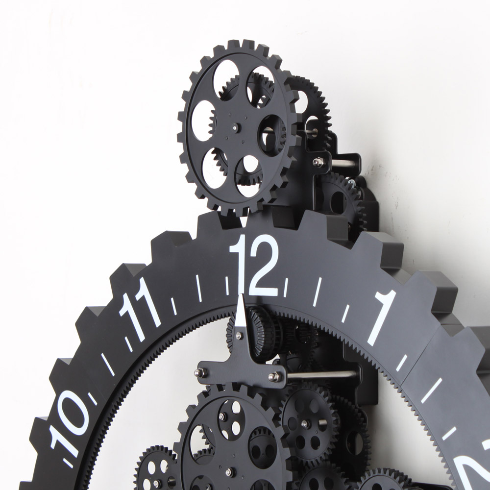 Gear Clock, 3D Modern Large Wall Art Rotary Mechanical Clock Calendar Wheel  Sawtooth Numeral Clock Moving Decor(Black)